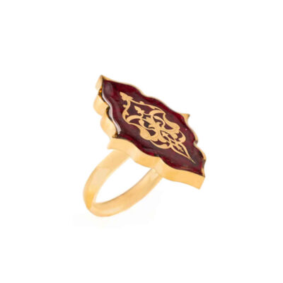 Garnet Steel Signet Ring – Gold Plated Eslimi Symbol, Resin Covered Gemstone, Heritage Design