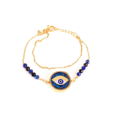 Persian Azure Beaded Chain Bracelet with Evil Eye & Paisley Design – Traditional Jewelry