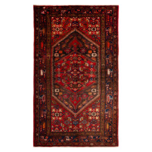 Hand-Knotted Persian Zanjan Bahram Rug (Tribal Geometric Medallion) – Red Wool