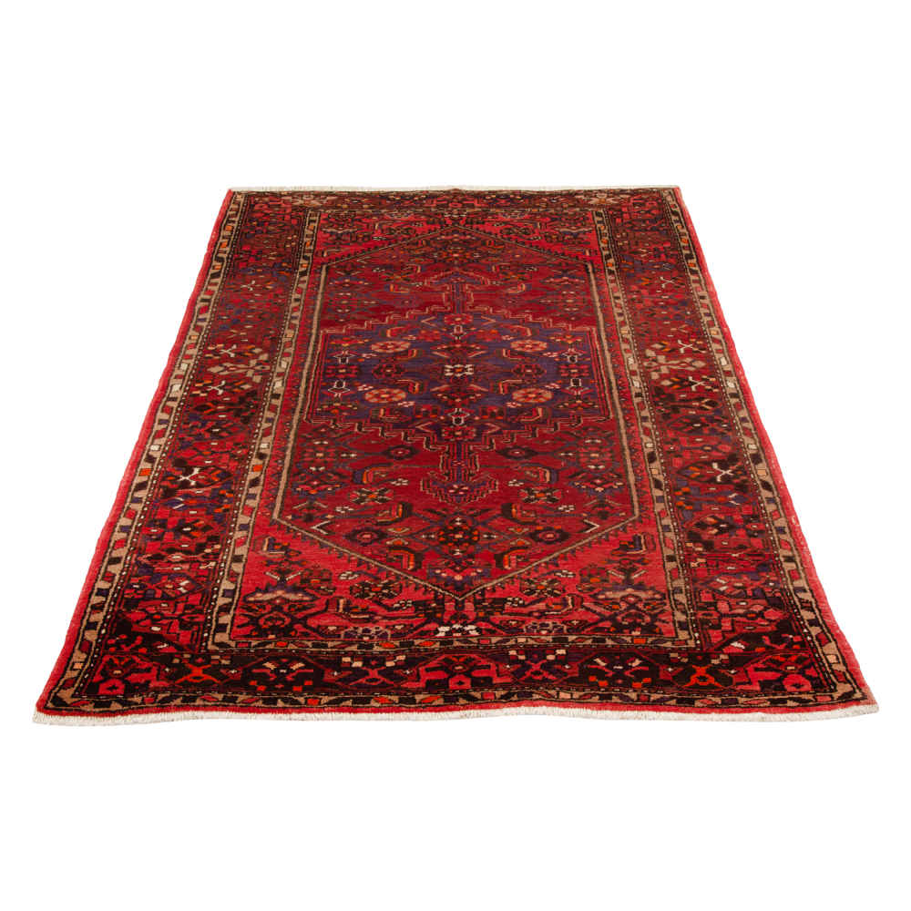Hand-Knotted Persian Zanjan Ramin Rug (Tribal Geometric Medallion) – Red Wool