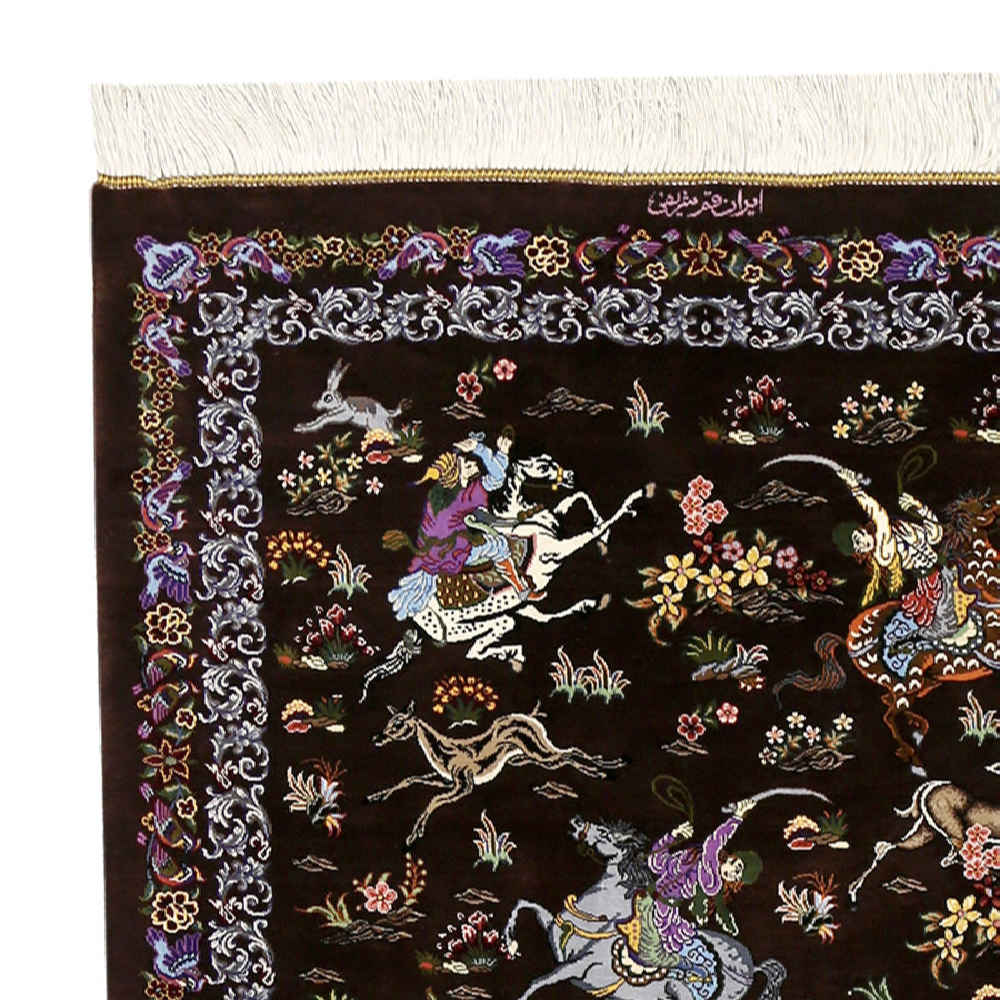 Hand-Knotted Persian Qom Silk Pictorial Rug (Shekar Hunting Scene Art) – Brown