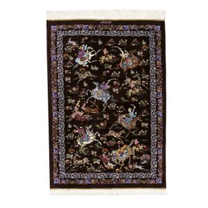 Hand-Knotted Persian Qom Silk Pictorial Rug (Shekar Hunting Scene Art) – Brown