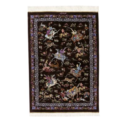 Hand-Knotted Persian Qom Silk Pictorial Rug (Shekar Hunting Scene Art) - Brown