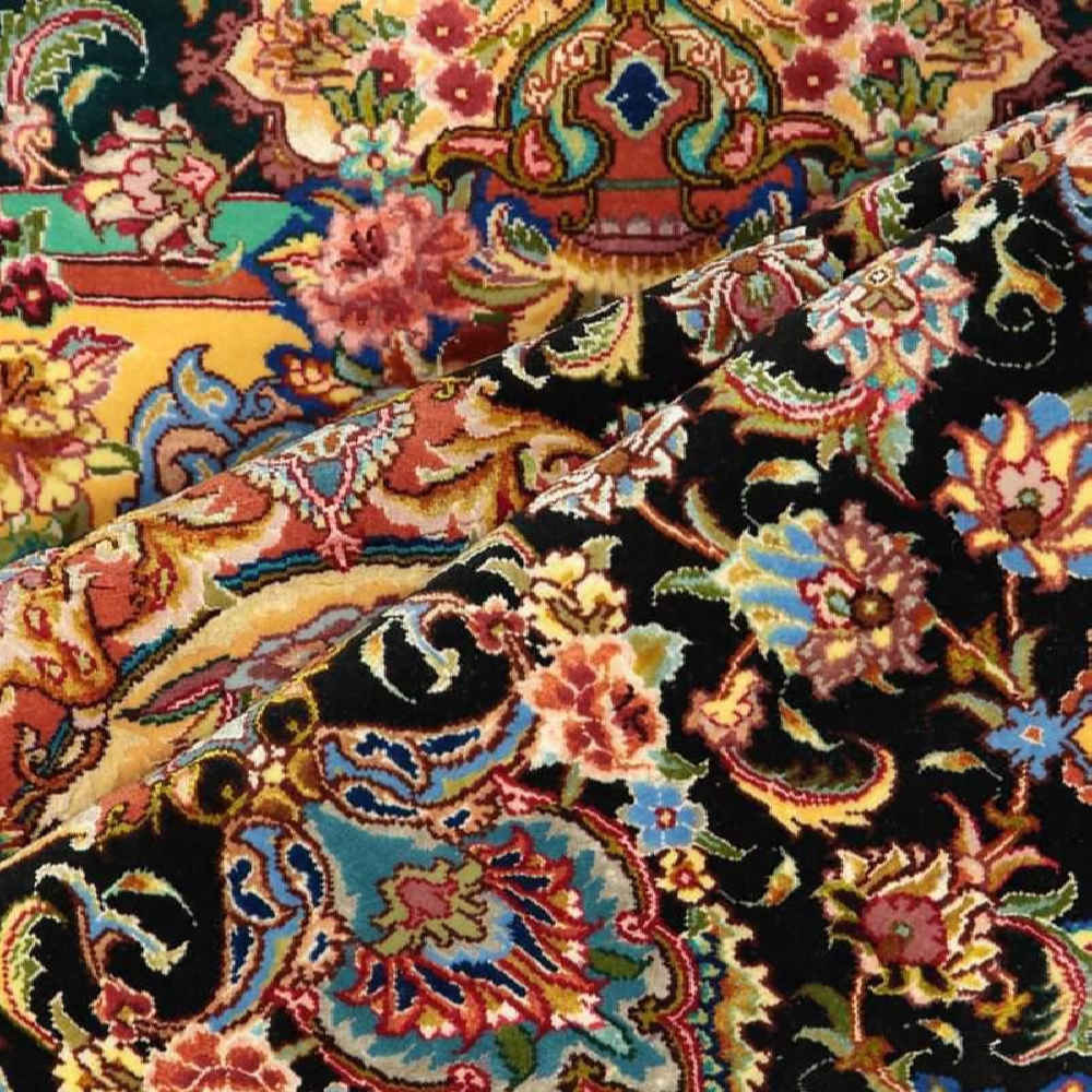 Hand-Knotted Persian Tabriz Barsam Rug (Traditional Medallion) – Black Silk & Cotton