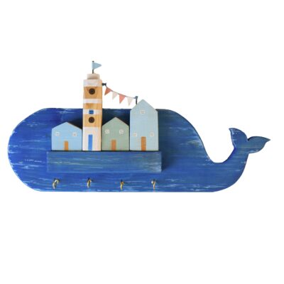 Handmade Wooden Wall Key Holder with Nautical Whale Design for Entryway