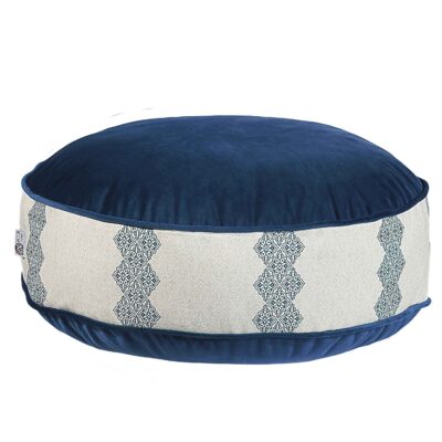 Bohemian Large Round Velvet Pouffe Inspired by Persian Art Navy Blue Afagh