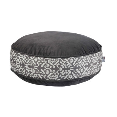 Bohemian Large Round Velvet Pouffe Inspired by Persian Art Gray Malih