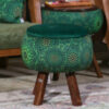 Round Velvet Footstool with Wooden Legs Inspired by Persian Art Green Bahador