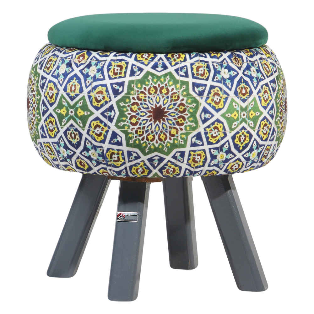 Round Velvet Footstool with Wooden Legs Inspired by Persian Art Green Emad