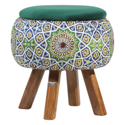 Round Velvet Footstool with Wooden Legs Inspired by Persian Art Green Emad