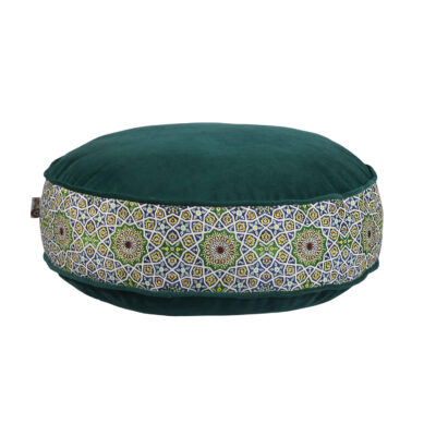 Bohemian Large Round Velvet Pouffe Inspired by Persian Art Green Haleh