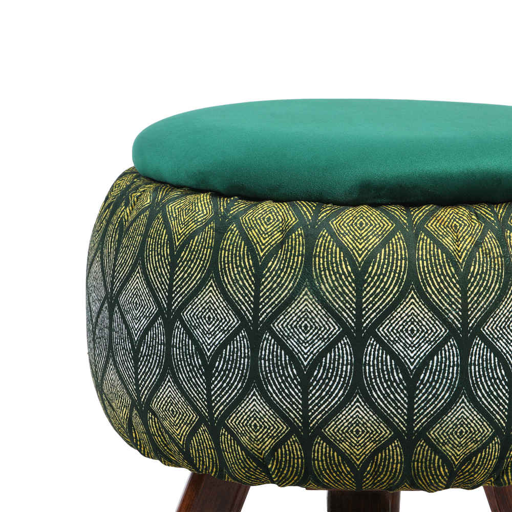 Round Velvet Footstool with Wooden Legs Inspired by Persian Art Green Naghme