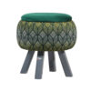 Round Velvet Footstool with Wooden Legs Inspired by Persian Art Green Naghme