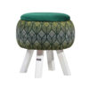 Round Velvet Footstool with Wooden Legs Inspired by Persian Art Green Naghme