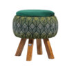 Round Velvet Footstool with Wooden Legs Inspired by Persian Art Green Naghme