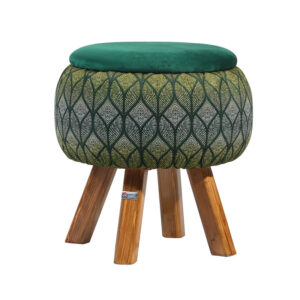 Round Velvet Footstool with Wooden Legs Inspired by Persian Art Green Naghme