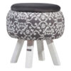 Round Velvet Footstool with Wooden Legs Inspired by Persian Art Gray Dorsa