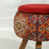 Round Velvet Footstool with Wooden Legs Inspired by Persian Art Maroon Fatima