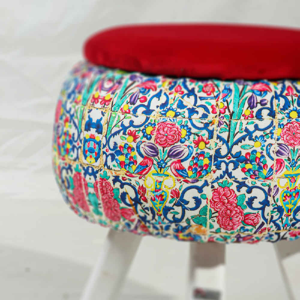 Round Velvet Footstool with Wooden Legs Inspired by Persian Art Maroon Hanife