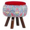 Round Velvet Footstool with Wooden Legs Inspired by Persian Art Maroon Hanife