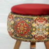 Round Velvet Footstool with Wooden Legs Inspired by Persian Art Maroon Nastaran