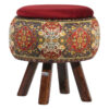 Round Velvet Footstool with Wooden Legs Inspired by Persian Art Maroon Nastaran