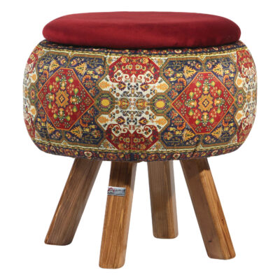Round Velvet Footstool with Wooden Legs Inspired by Persian Art Maroon Nastaran
