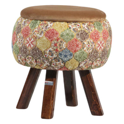 Round Velvet Footstool with Wooden Legs Inspired by Persian Art Brown Negar