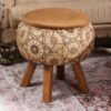 Round Velvet Footstool with Wooden Legs Inspired by Persian Art Brown Raha
