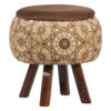 Round Velvet Footstool with Wooden Legs Inspired by Persian Art Brown Raha