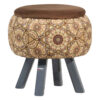 Round Velvet Footstool with Wooden Legs Inspired by Persian Art Brown Raha