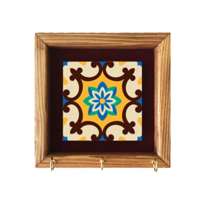 Handcrafted Ceramic Wall Key Holder with Wooden Frame and Persian Tile Design