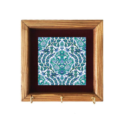 Handcrafted Ceramic Wall Key Holder with Wooden Frame and Traditional Persian Tile Design