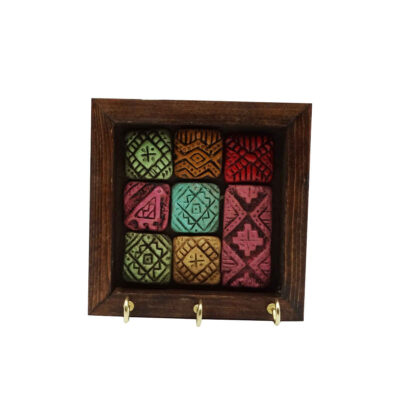 Handcrafted Ceramic Wall Key Holder with Wooden Frame and Traditional Persian Design