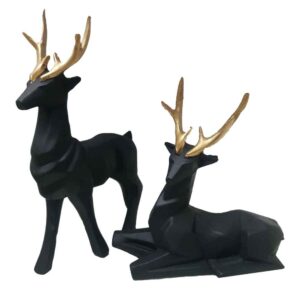 Set of 2 Geometric Black Polyester Deer Cubism Figurines – Artistic