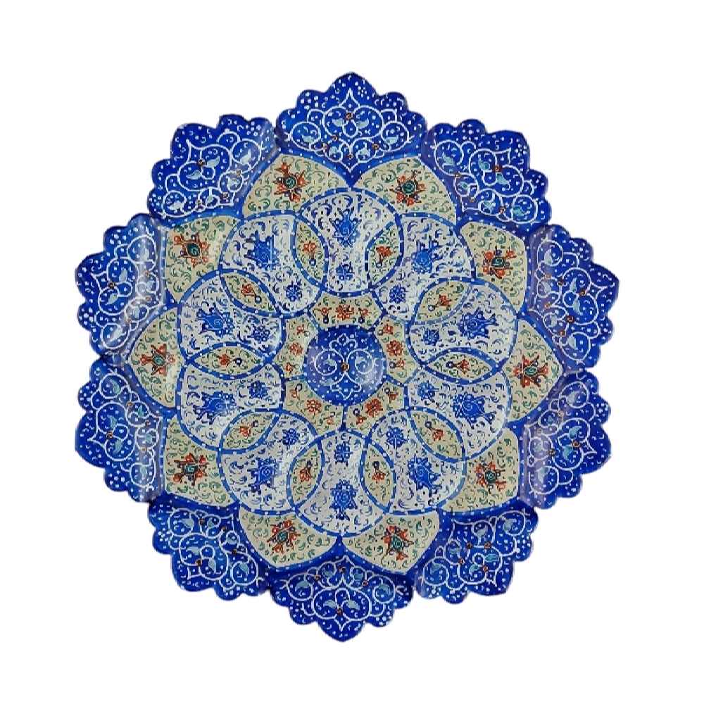 Decorative Copper Wall Plate Hand-Painted with Persian Minakari Enamel Lajevard