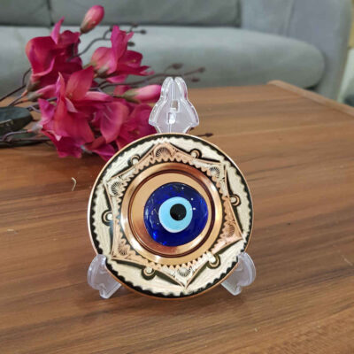 Hand-Painted Persian Minakari Copper Decorative Display Plate, Evil Eye Enamelwork