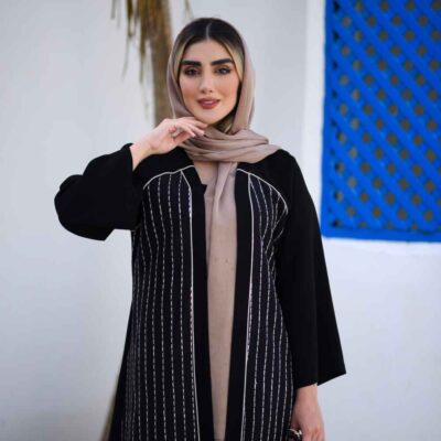 Stylish Persian Black Crepe Blazer Manto Vian with Striped Design