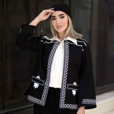 Elegant Persian Linen Blazer Manto and Pants Set Helena with Leaf Embroidery