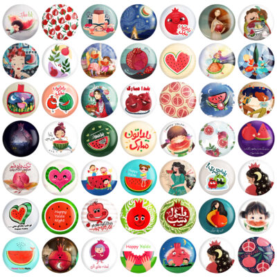 Shab e Chelleh Pinback Buttons with Persian Designs, Set of 49