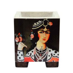 Decorative Persian Square Concrete Vase, Featuring the Ghajari Model with a Boho Pictorial Design