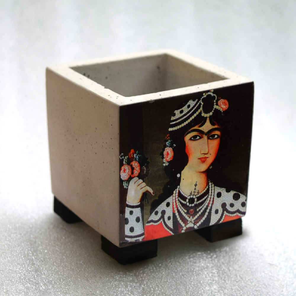 Decorative Persian Square Concrete Vase, Featuring the Ghajari Model with a Boho Pictorial Design
