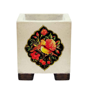 Decorative Persian Square Concrete Vase, Featuring the Gol-o-Morgh Model with a Birds and Flowers Motif