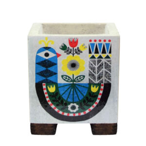 Decorative Persian Square Concrete Vase, Featuring the Kabootar Model with a Boho Bird Motif
