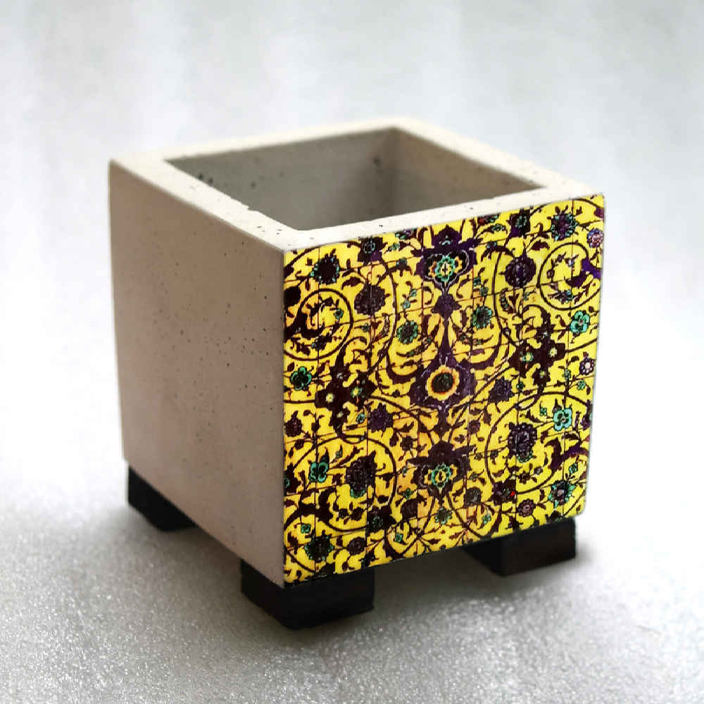 Decorative Persian Square Concrete Vase, Featuring the Katayun Model with a Charming Floral Pattern