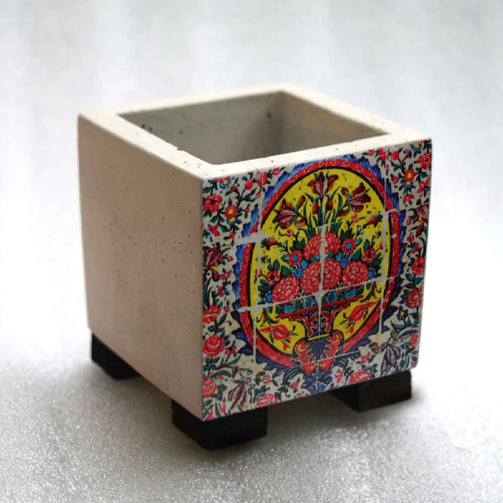 Decorative Persian Square Concrete Vase, Featuring the Raha Model with a Lovely Floral Design
