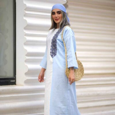 Women’s Long Sleeve Linen Kaftan Dress with Boho Geometric Details for Relaxed Summer Wear