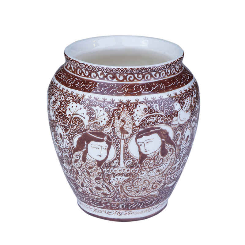 Handcrafted Decorative Persian Pottery Vase with an Art Motif, Featuring the Khatoon Design in a Bowl Shape
