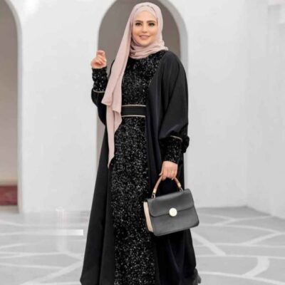 Elegant Black Butterfly Abaya with Sparkling Sequin Embellishment