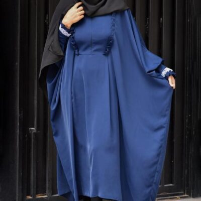 Traditional Navy Blue Butterfly Abaya in Soft Crepe with a Plain Finish